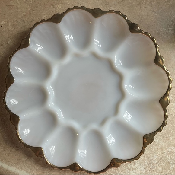 Egg plater Vtg Anchor Hocking Milk Glass 12 Deviled Egg Plate
Gold Trim Ornate - Picture 6 of 10